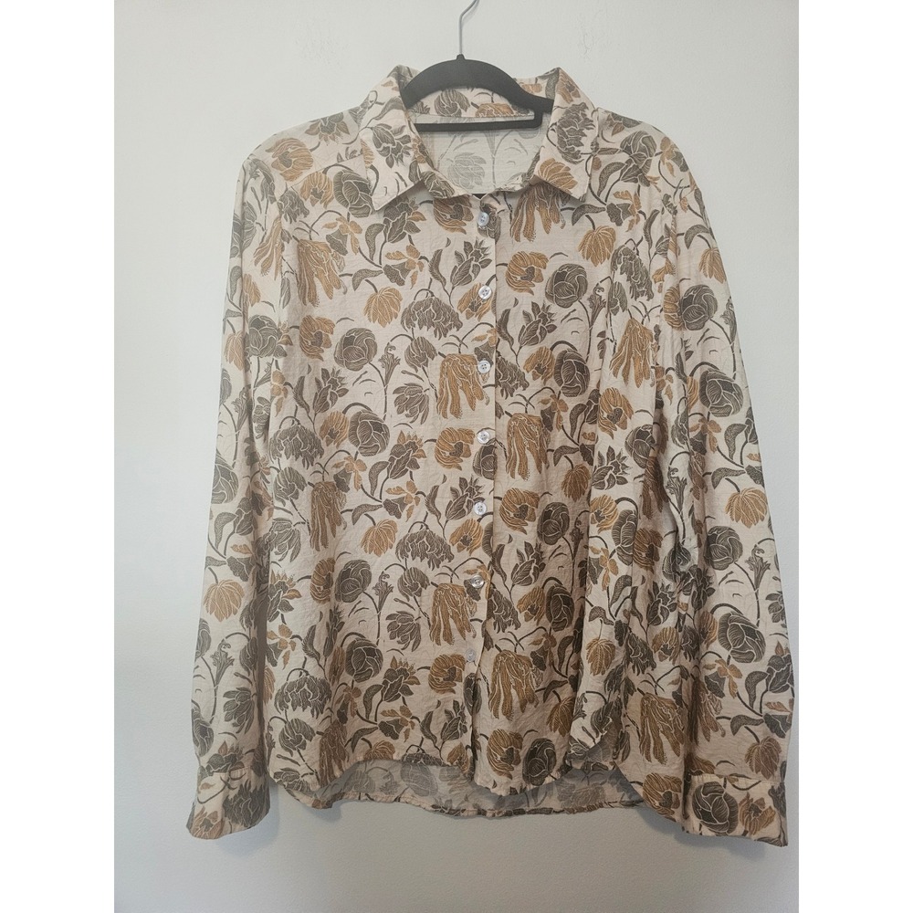 [Cottagecore] ION‎ Floral Linen Blend Button Down Shirt Womens XXL Tan Botanical